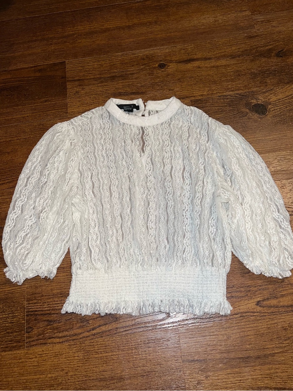 Forever 21 White Eyelet Lace Boho Cottagecore Smocked Mock Neck Crop Top Size S